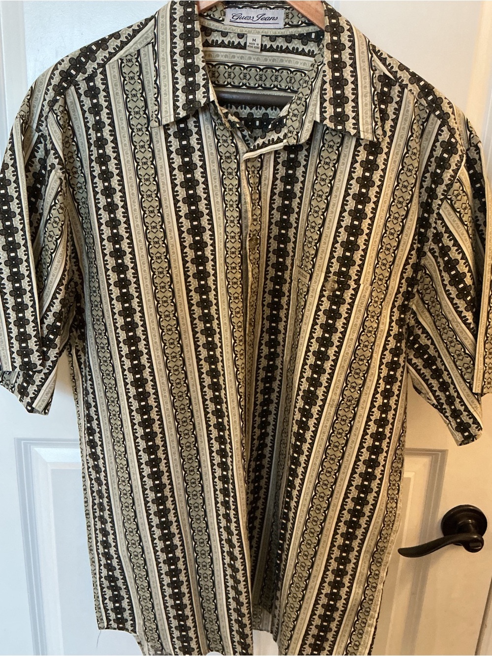 Guess Men's Short Sleeve Button-Down in Beige and Black Stripes